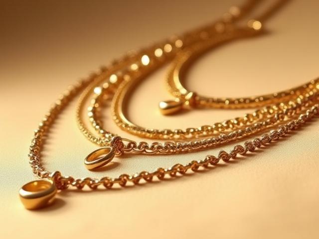 Layered gold necklaces and minimal rings