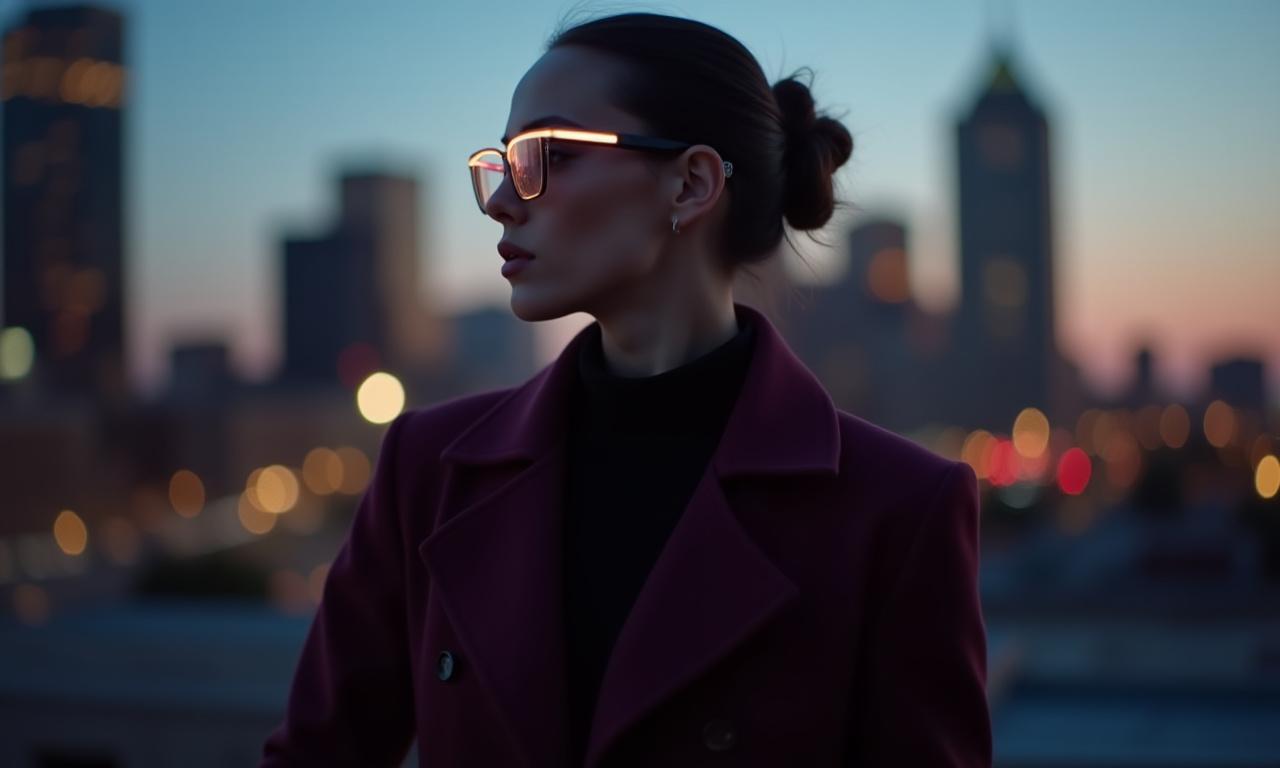 Woman wearing sleek smart frames in a tech-luxe environment