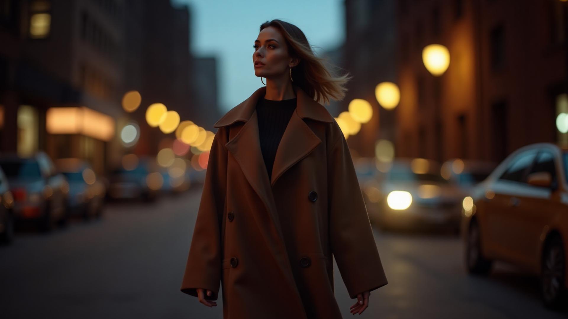 Sophisticated woman walking through Kansas City evening lights in Allgoodfishing attire