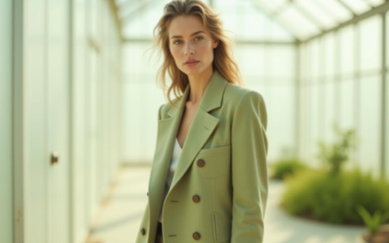 Model wearing eco-friendly linen and recycled knitwear