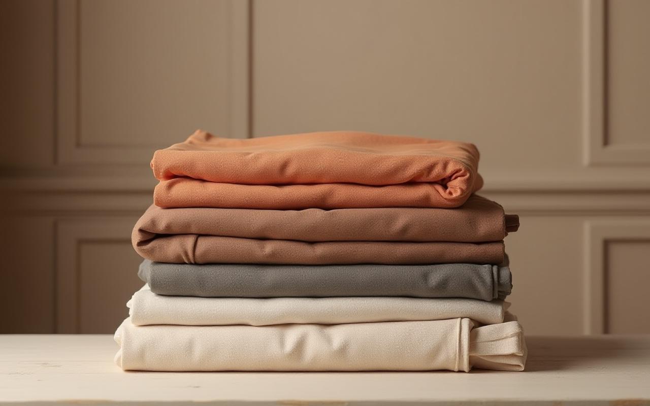 Artfully stacked clothing in muted tones
