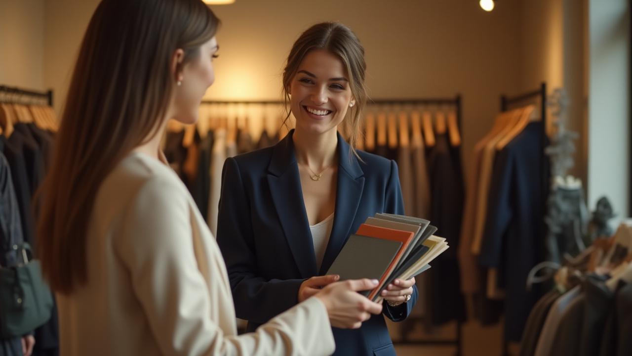 Personal stylist at Allgoodfishing assisting a client with fabric selection and outfit coordination in our Kansas City boutique