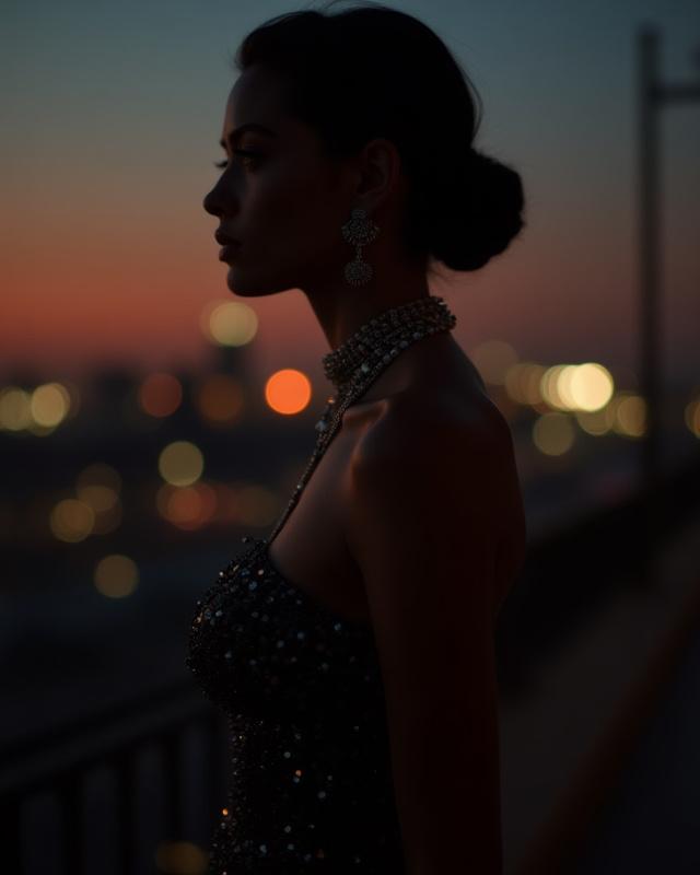 Evening Out glamorous look with moody lighting and elegant accessories